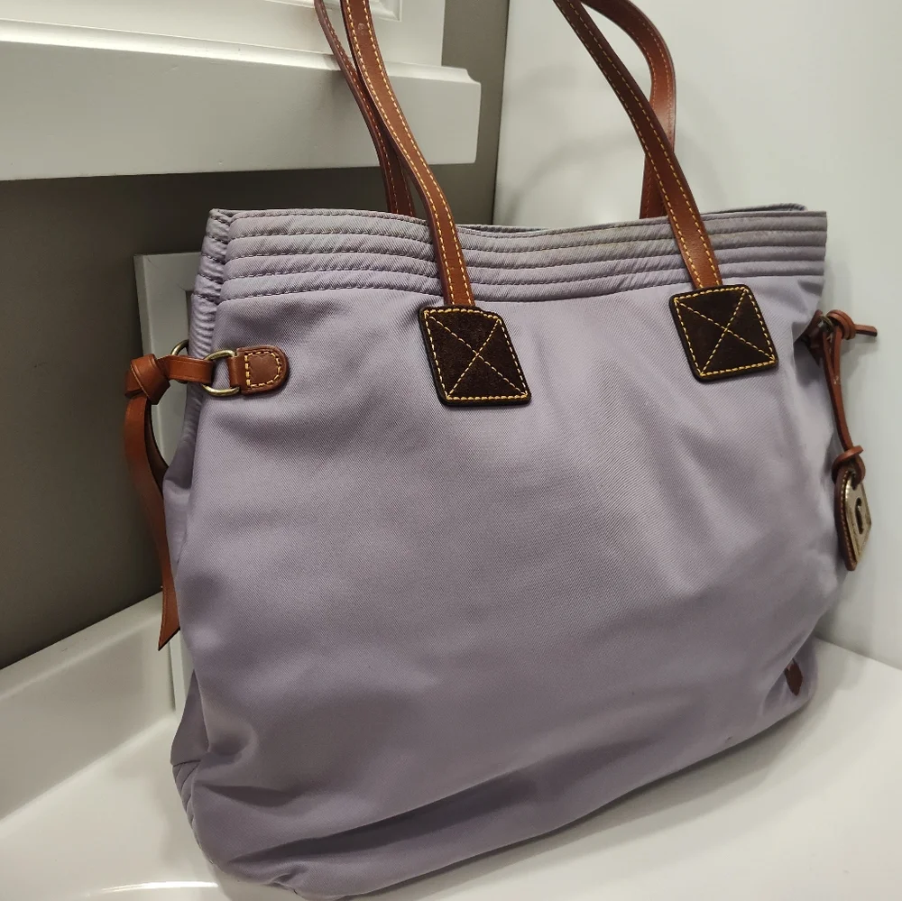 Dooney & Bourke Lavender Nylon Tote with Brown Leather Trim and Straps - Picture 6 of 16